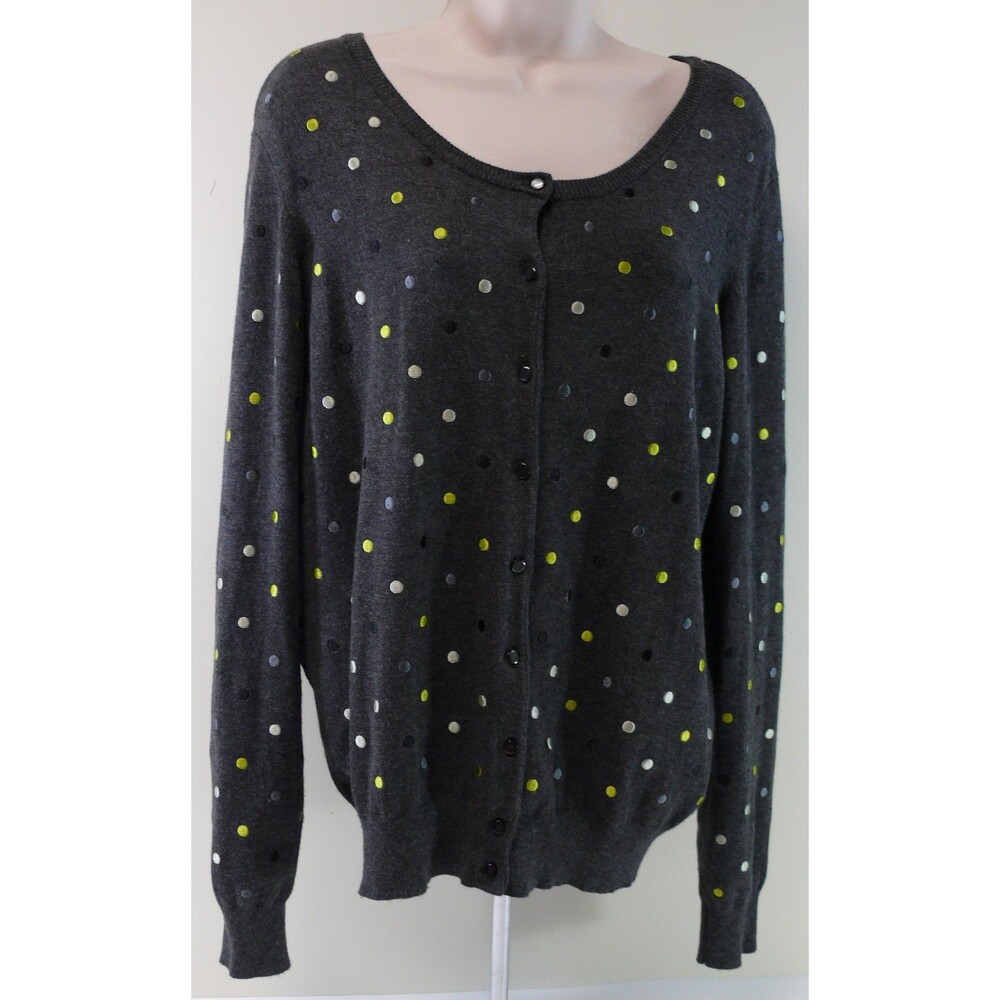 Christina brand Cardigan Sweater dark Grey w/colored polka dots size L